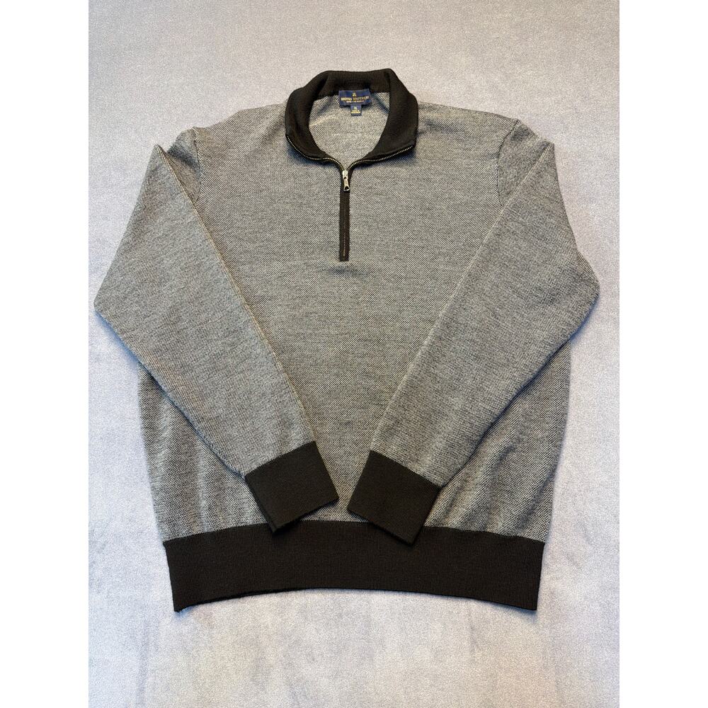 Brooks Brothers 1/4 Zip Merino Wool Sweater Gray with Black Accents Mens XL
